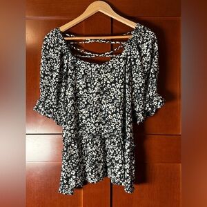 Eyeshadow Black and White Floral Cottagecore Crisscross Peplum Top Size XL